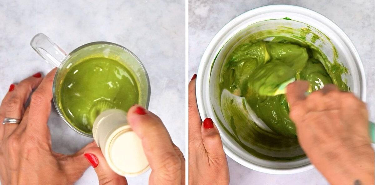 A person uses a handheld frother to mix a bright green matcha liquid in a glass mug, then uses a spatula to stir a thick green mixture for banana bread in a white bowl.