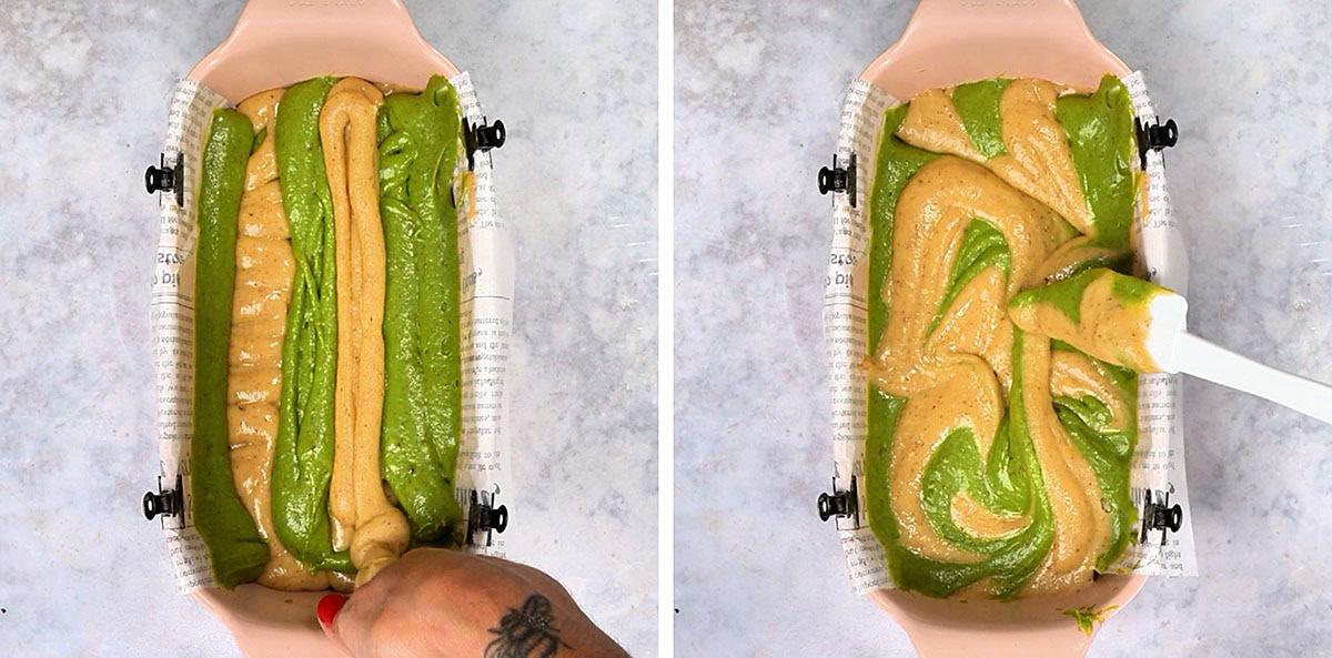 Two images showing a loaf pan lined with parchment paper, filled with green and tan matcha banana bread batter that is being piped and swirled together with a spatula.