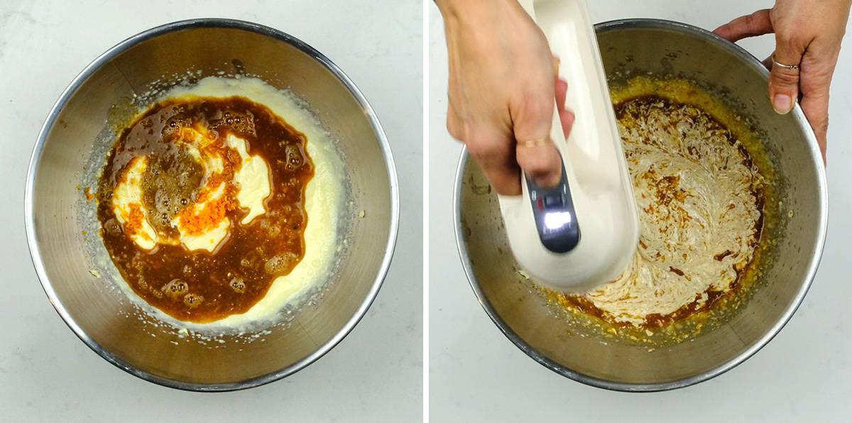 Two-panel image: Left shows a metal bowl with wet baking ingredients for Melomakarona, traditional Greek Christmas Honey Cookies. Right shows hands using a hand mixer to blend the mixture in the same bowl.