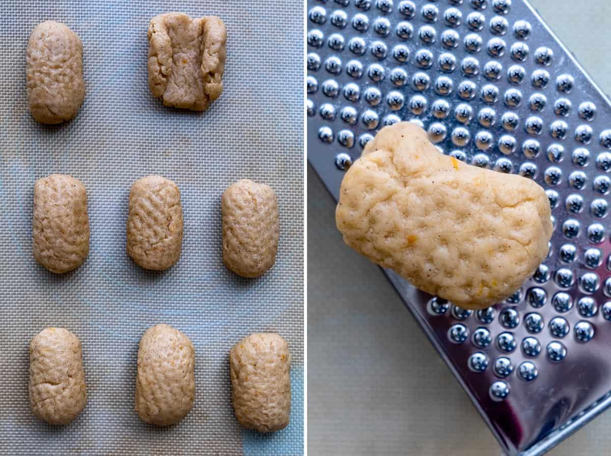 Nine unbaked rectangular dough pieces for Melomakarona, traditional Greek Christmas Honey Cookies, are arranged on a baking sheet (left); a close-up (right) shows one piece being shaped on a metal grater, highlighting its textured surface.