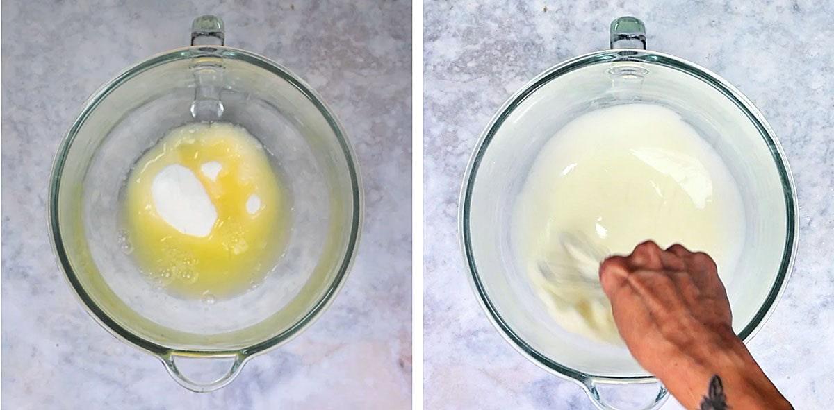 Two side-by-side images showing a glass bowl containing egg whites and sugar, then a hand whisking the ingredients for meringue bones into a smooth mixture.