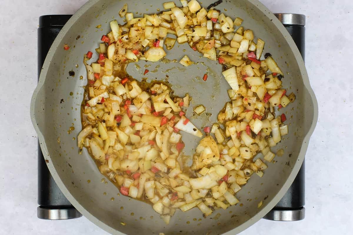 sauteing onion, garlic and jalapeno in a pan