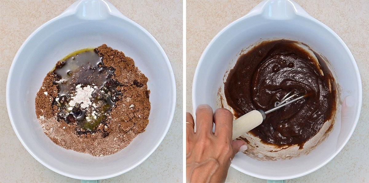 Side-by-side images: On the left, a mixing bowl holds brown sugar, flour, and melted butter for mini pecan pies. On the right, a hand stirs the ingredients together with a whisk, creating a smooth pecan pie filling.
