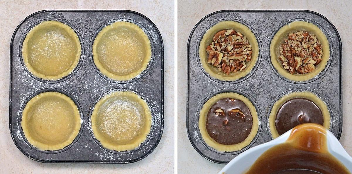 A split image shows a muffin tin with four raw tart shells on the left. On the right, two shells are filled with chopped pecans, and caramel filling is being poured into another shell from a jug.