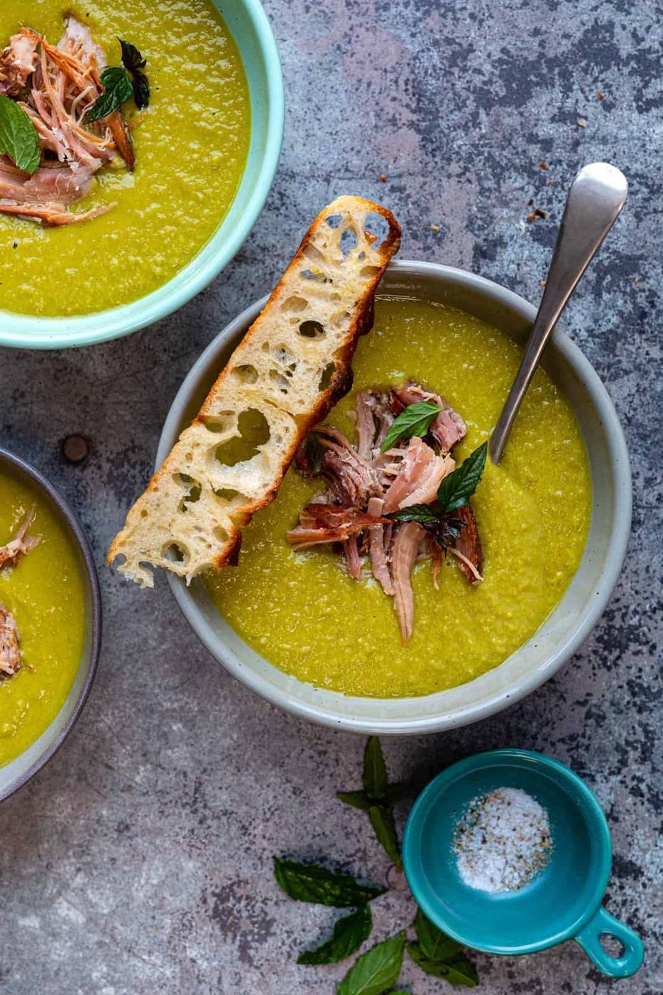 three bowls of pea and ham soup
