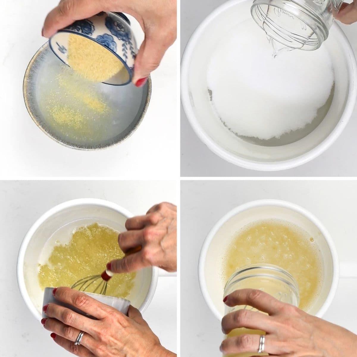 Four-step collage: hands sprinkle gelatin into water, pour sugar into another bowl, whisk a yellow mixture, and finally pour liquid for Mirror Glaze Cake from a jar into the foamy bowl—all against a white background.