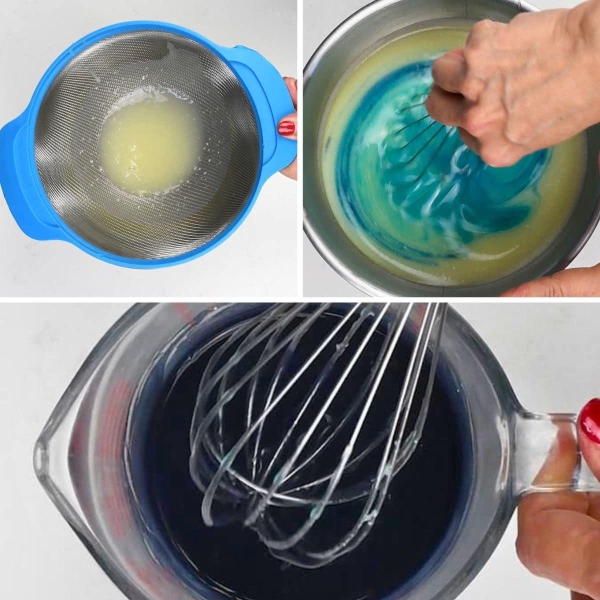 A collage shows: lemon juice strained through a sieve, a hand whisking blue coloring into a yellow mixture for Mirror Glaze Cake, and a close-up of a whisk in a jug with dark blue liquid.