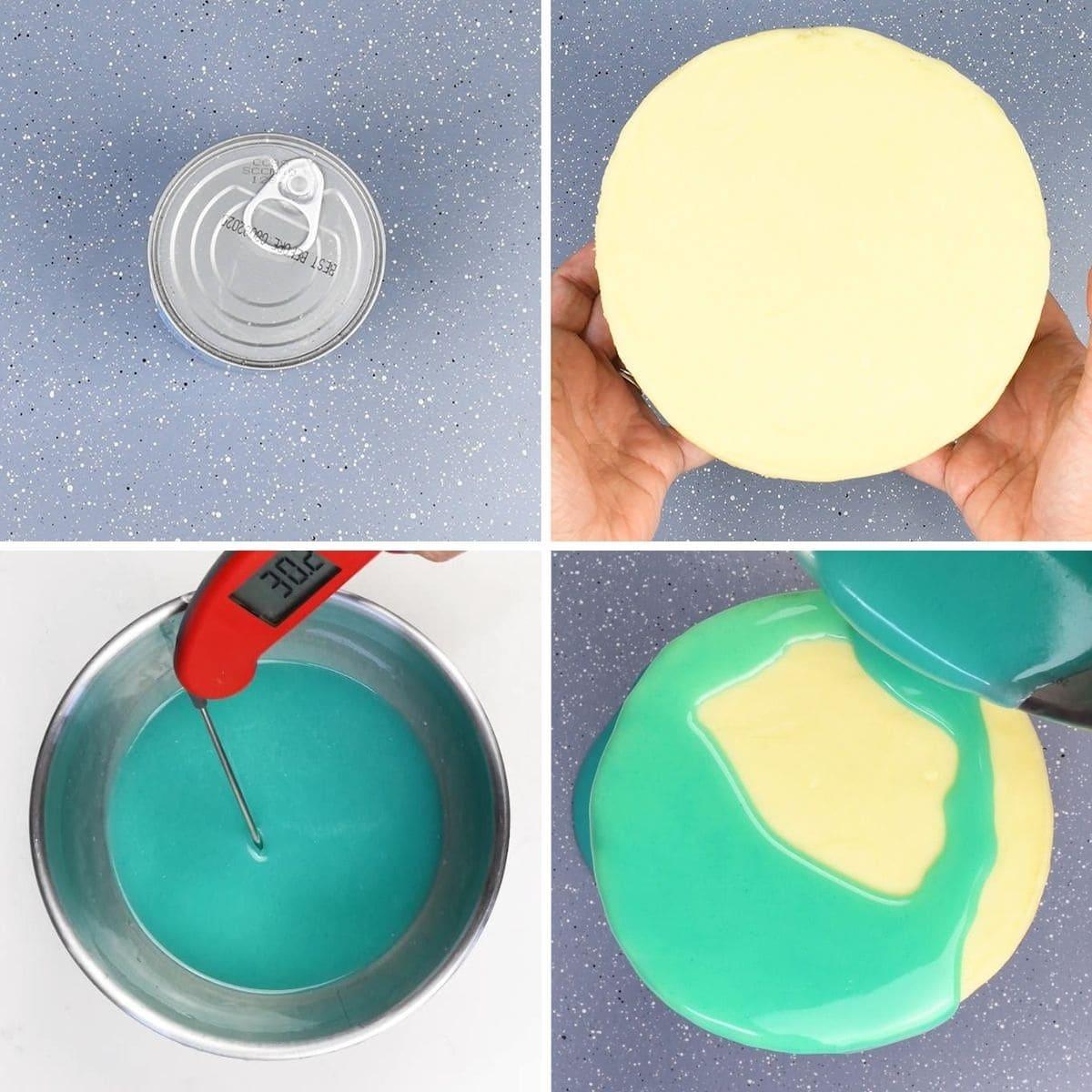 A four-panel image shows: a can top, a round yellow cake, a red thermometer in a bowl of blue-green liquid, and vibrant blue-green mirror glaze being poured over the cake.