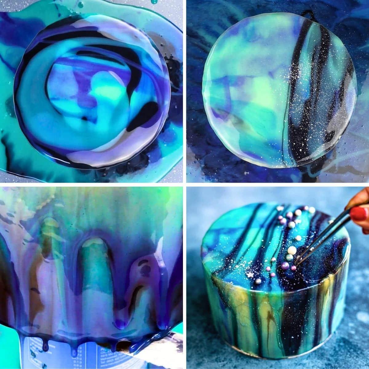 Decorate a Mirror Glaze Cake in four steps, swirling blue, purple, green, and black for a galaxy effect. Finish by delicately placing edible pearls on top with tweezers for an out-of-this-world creation.