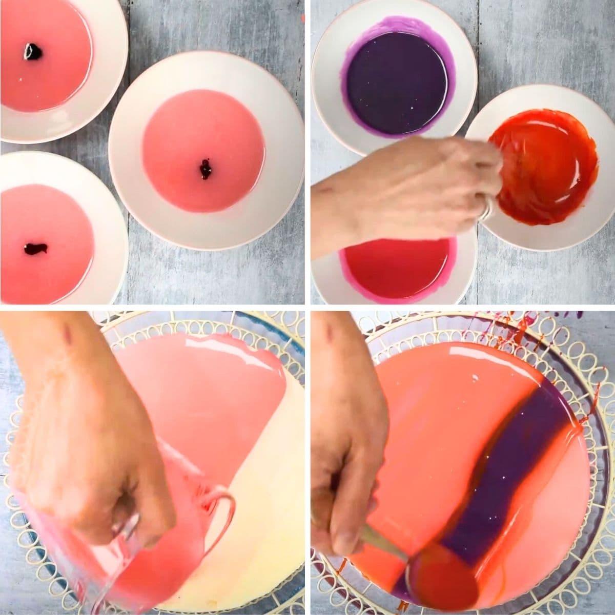 Four-panel image: Top left, three bowls with pink liquid for a mirror glaze cheesecake recipe. Top right, a hand stirs purple, pink, and orange glazes. Bottom panels show hands pouring the vibrant hues onto a round cake.