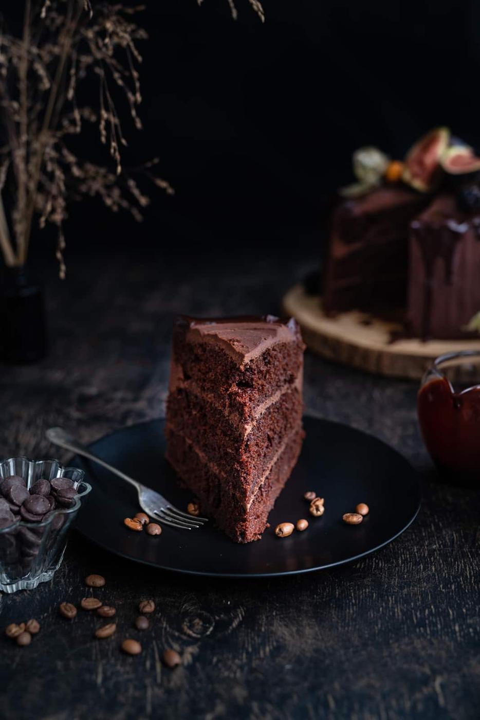 Slice of rich dark chocolate layer cake