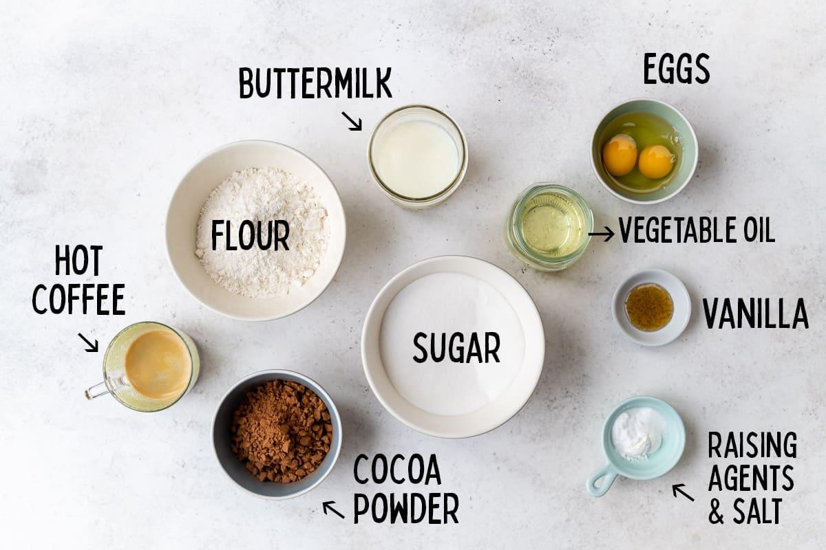 ingredients for moist chocolate cake collage