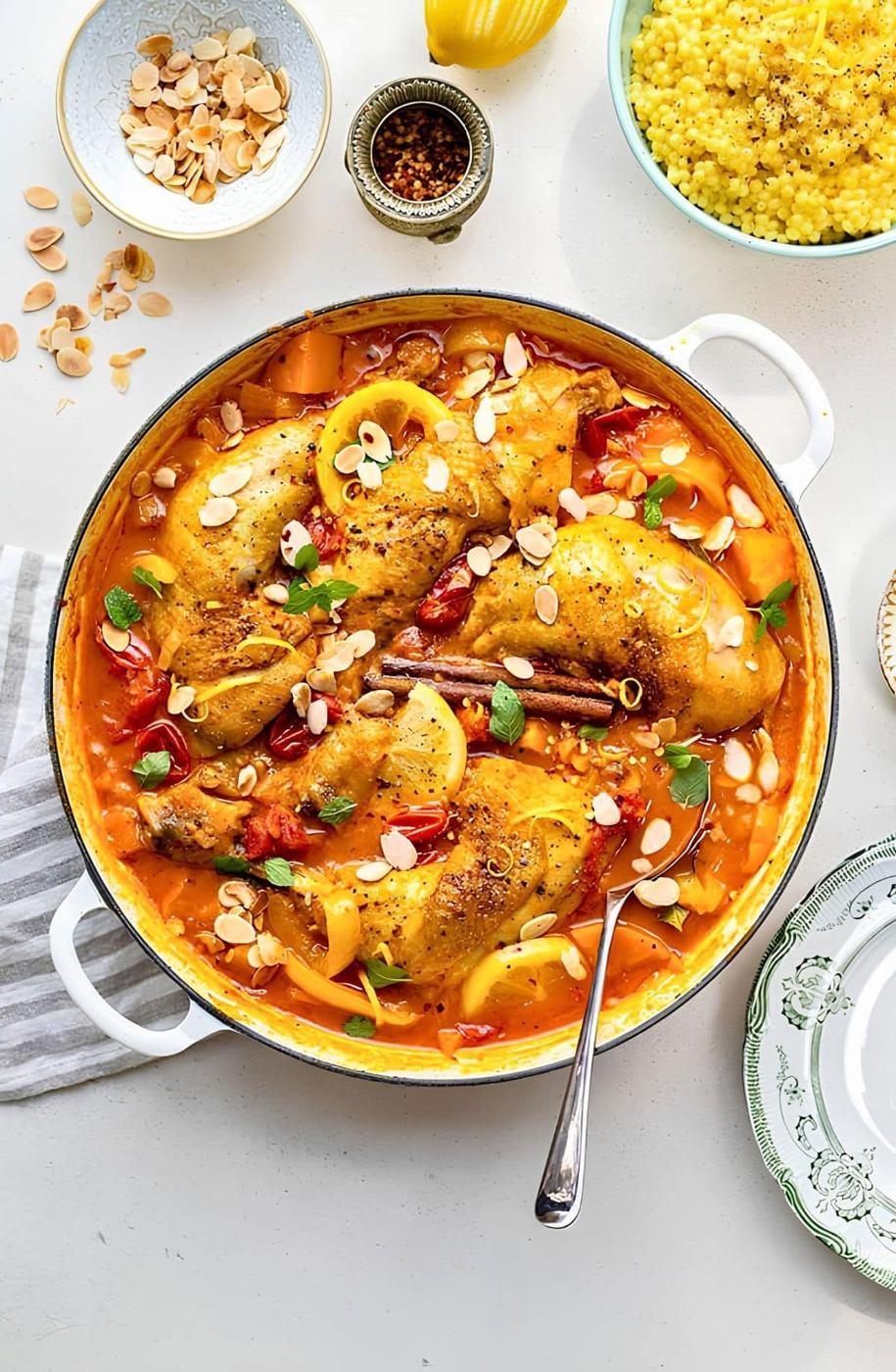 A round pan of Moroccan Chicken with lemon slices, tomatoes, and almonds in a yellow sauce sits on a table, surrounded by bowls of sliced almonds, couscous, and spices. A spoon rests in the pan.
