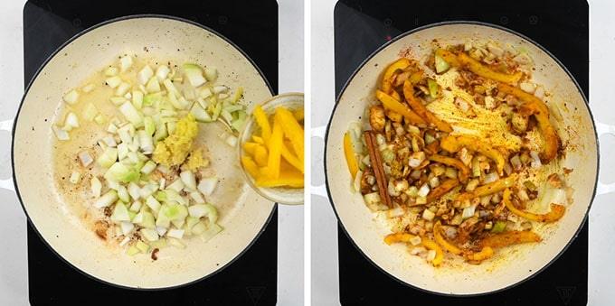 Collage of Moroccan chicken Tagine being prepared in a shallow casserole