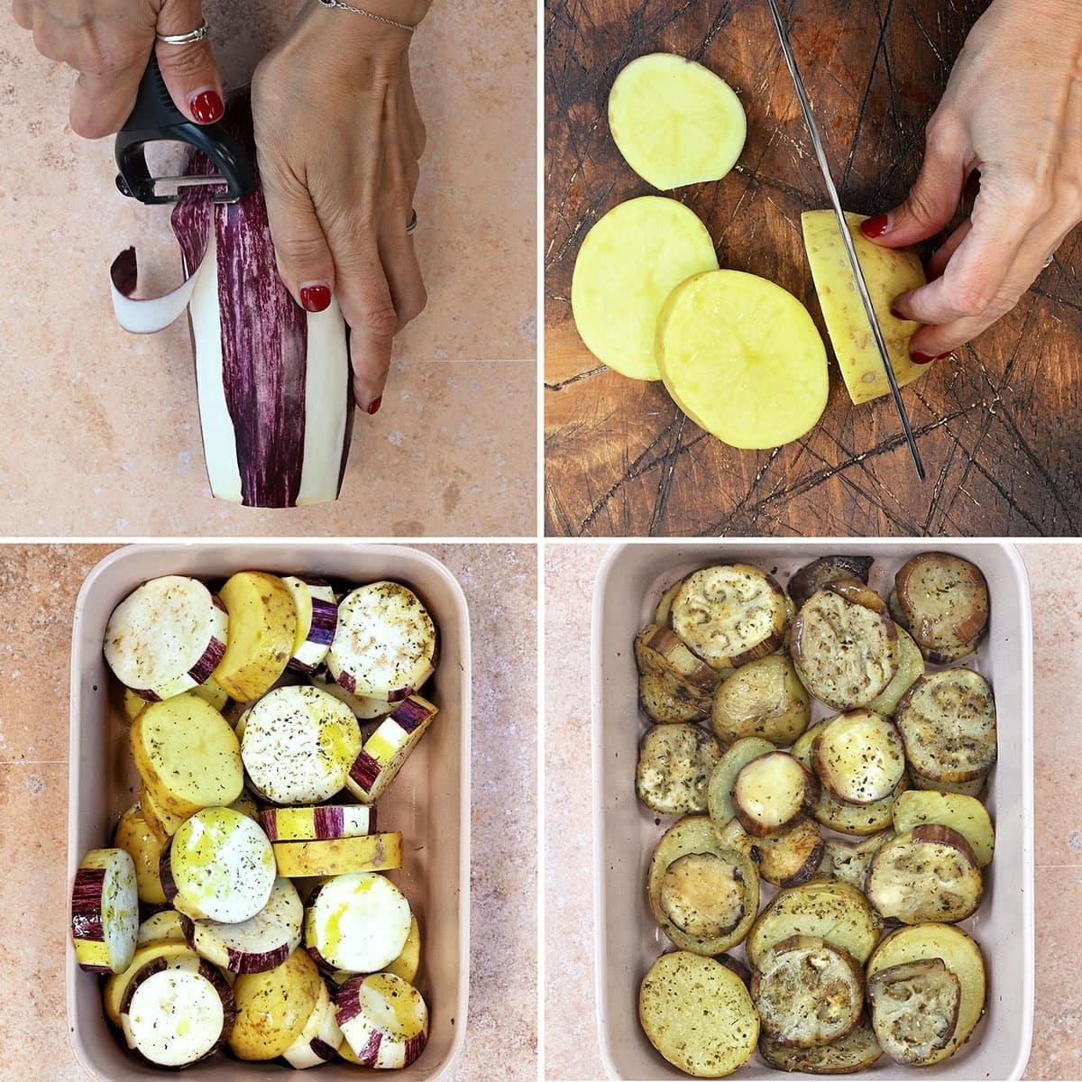 A four-panel image showing eggplant being peeled, potatoes being sliced, both vegetables seasoned in a baking dish, and the final roasted result with golden brown pieces.