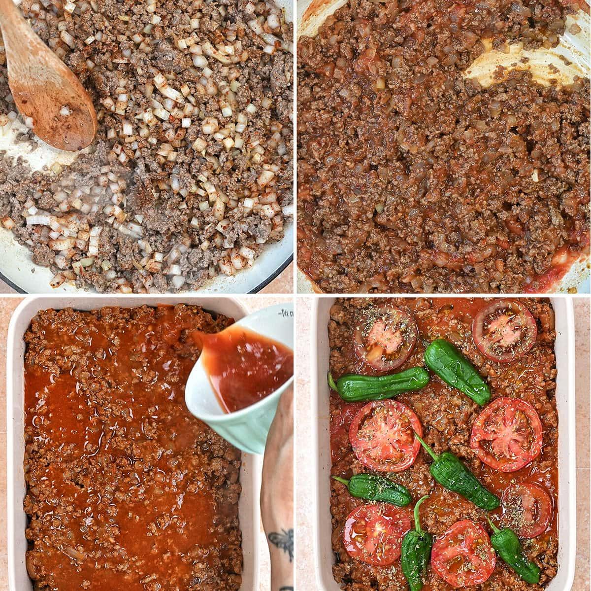Four images show steps of a Turkish mousakka recipe: cooking ground beef and onions, adding tomato sauce to the beef, pouring sauce over a baking dish, and topping with sliced tomatoes and green peppers.