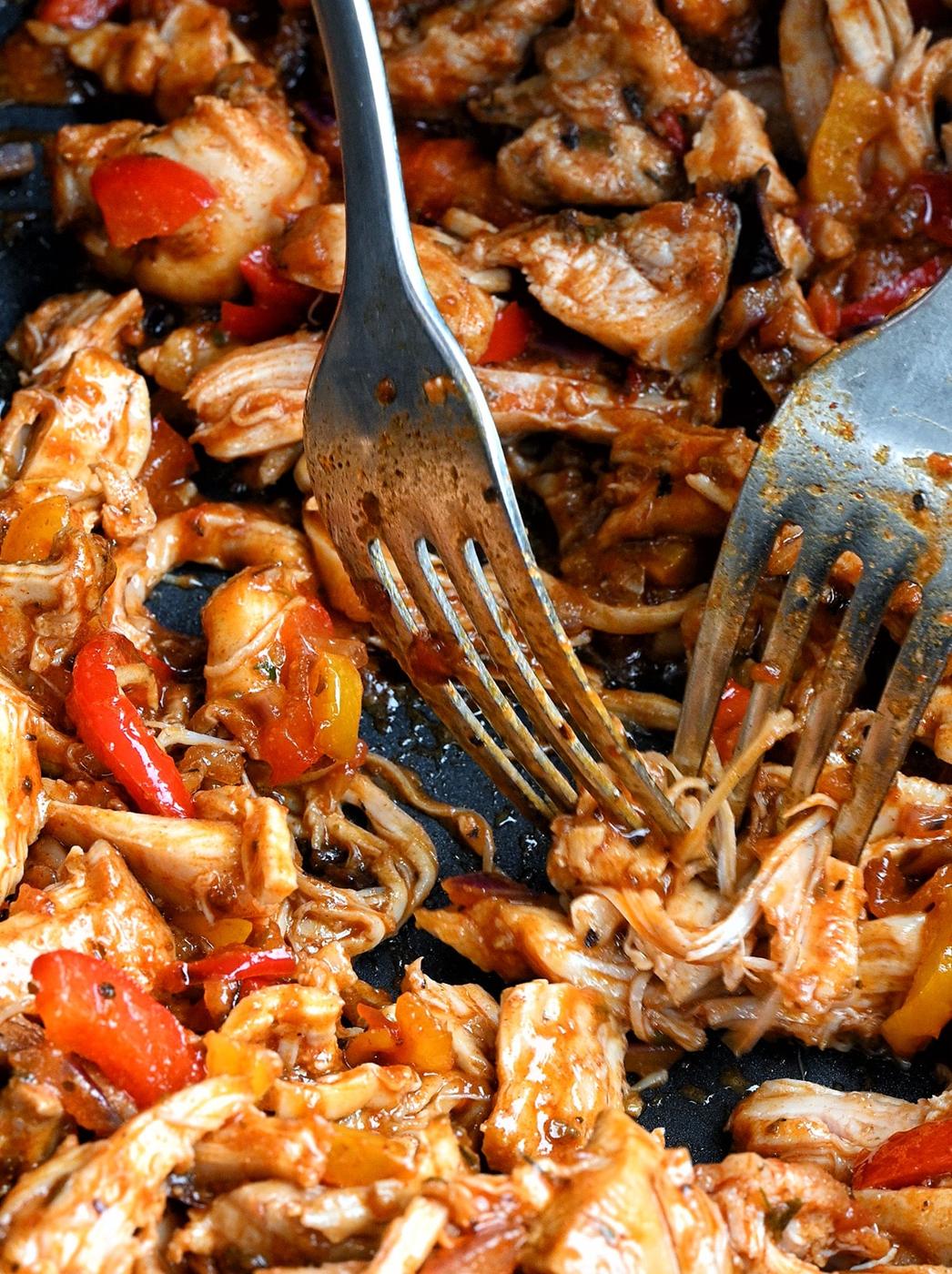 shredding air fryer chicken meat using two forks