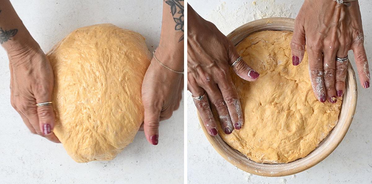 shaping bread loaf and adding to a banneton