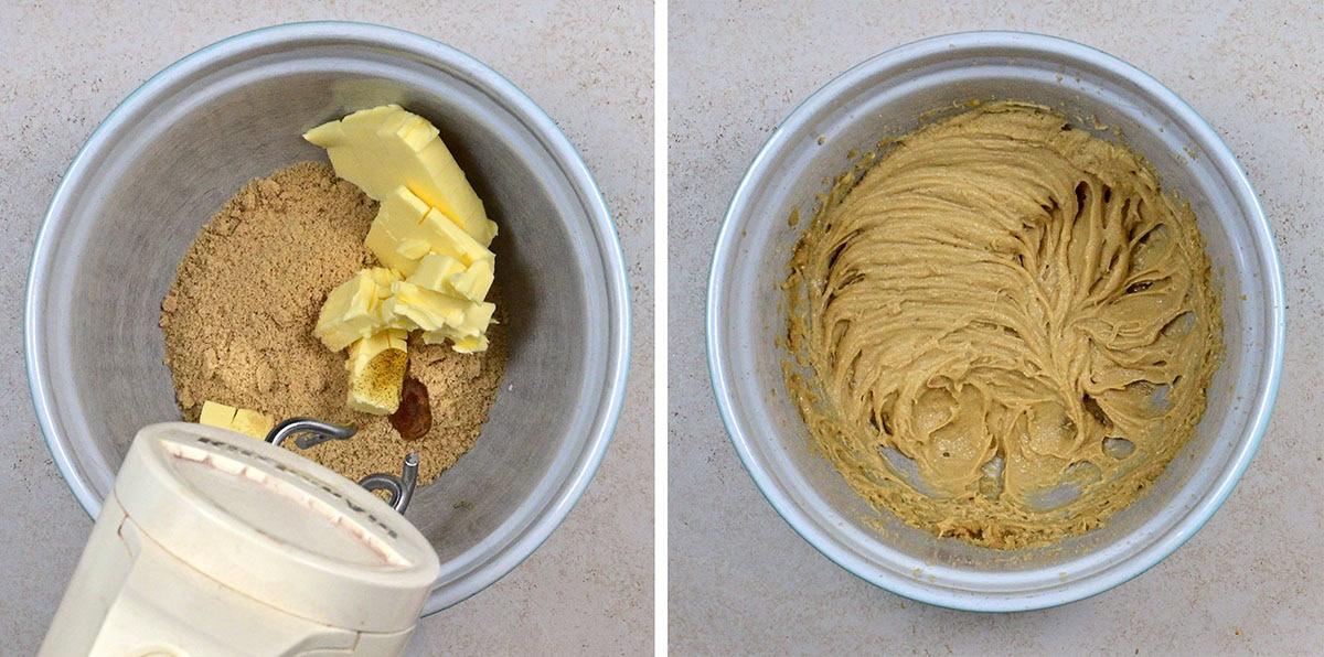 Side-by-side images: the left shows a metal bowl with brown sugar, butter, and vanilla extract, and a hand mixer. The right shows the same bowl with the ingredients creamed together into a smooth, light brown mixture.