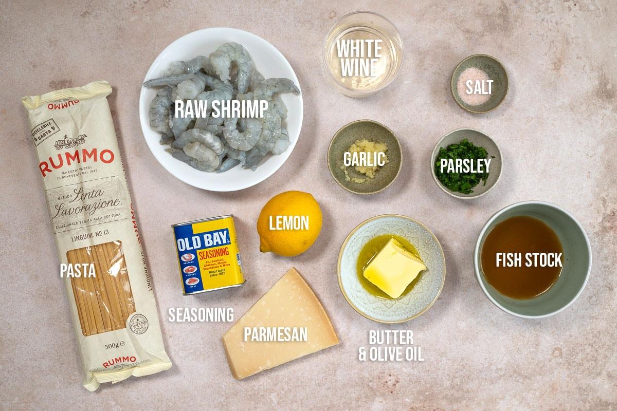 Ingredients for Old Bay shrimp with linguine recipe, labelled