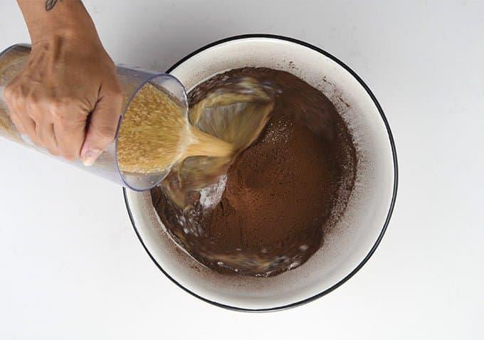 adding liquid to dry ingredients
