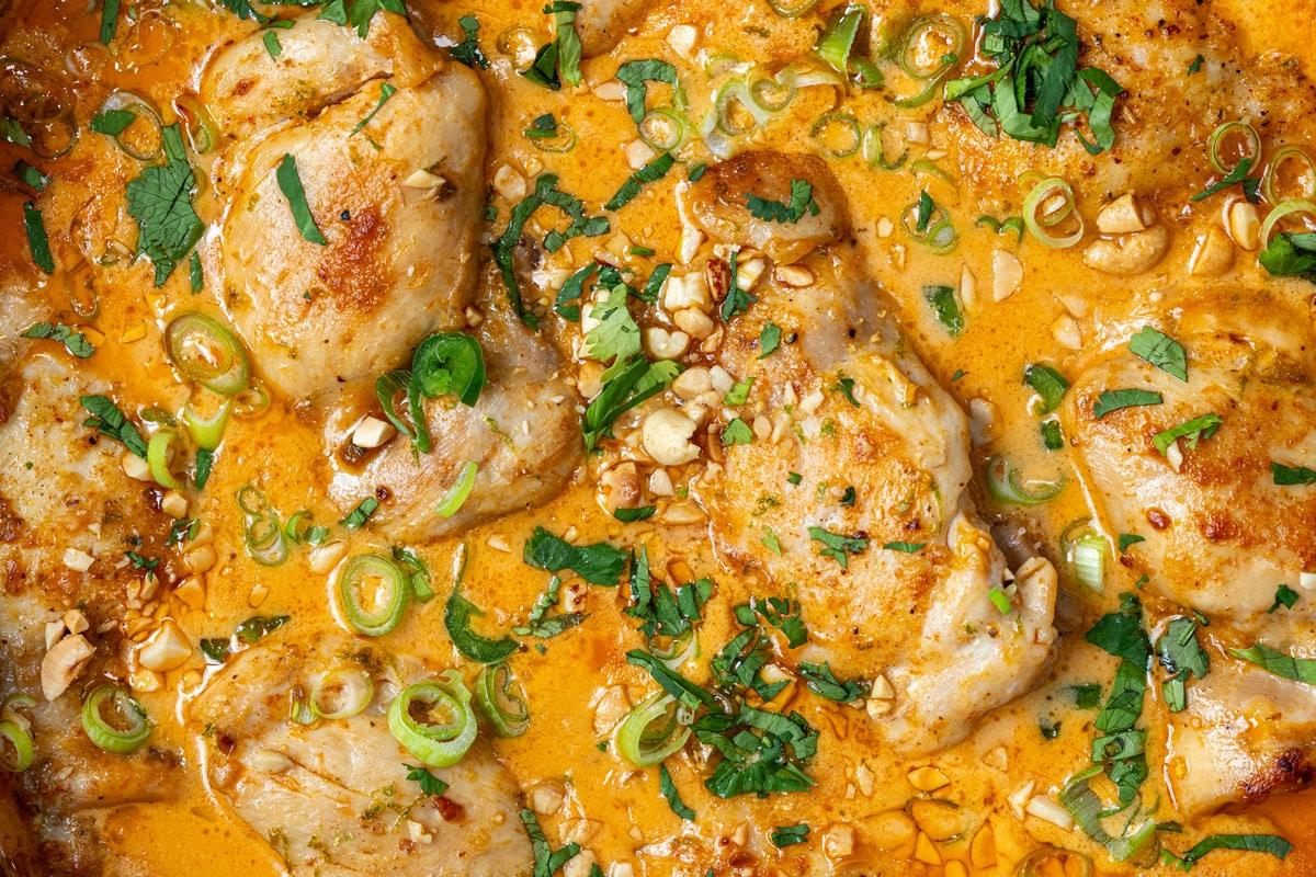 close up on chicken thighs braised in coconut milk with lime juice, garnished with roasted peanuts and green onions