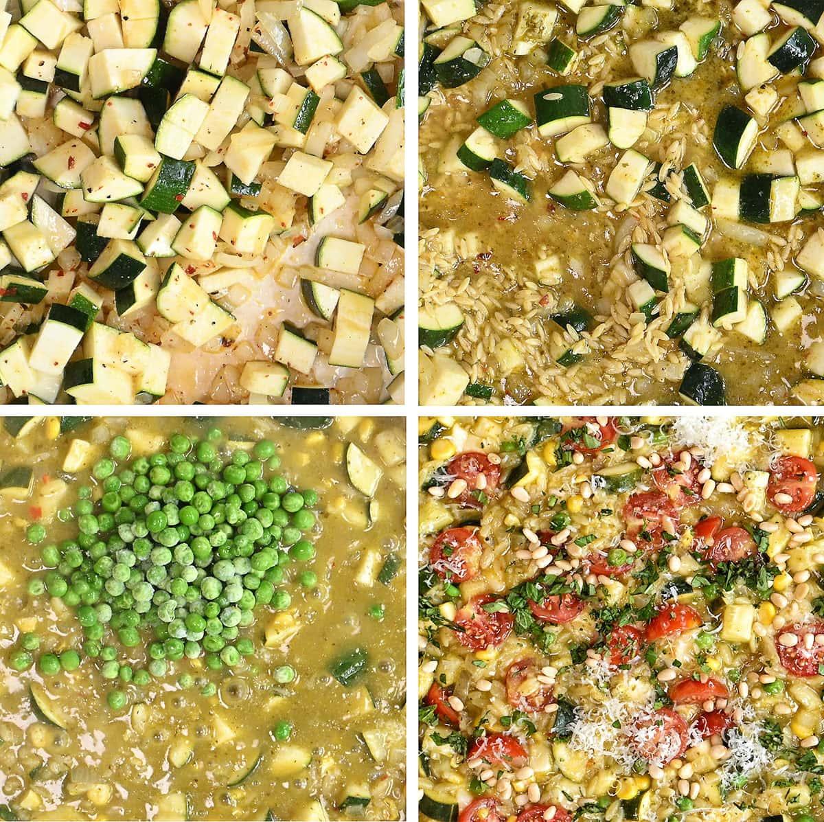four images showing the process of making pesto orzo in a large pan