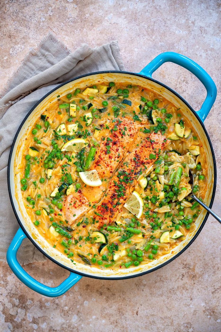 A vibrant skillet dish featuring seared salmon fillets on a bed of creamy lemonorzo with peas, zucchini, and chopped herbs. Lemon wedges garnish the dish. The skillet has blue handles and sits on a light brown surface.