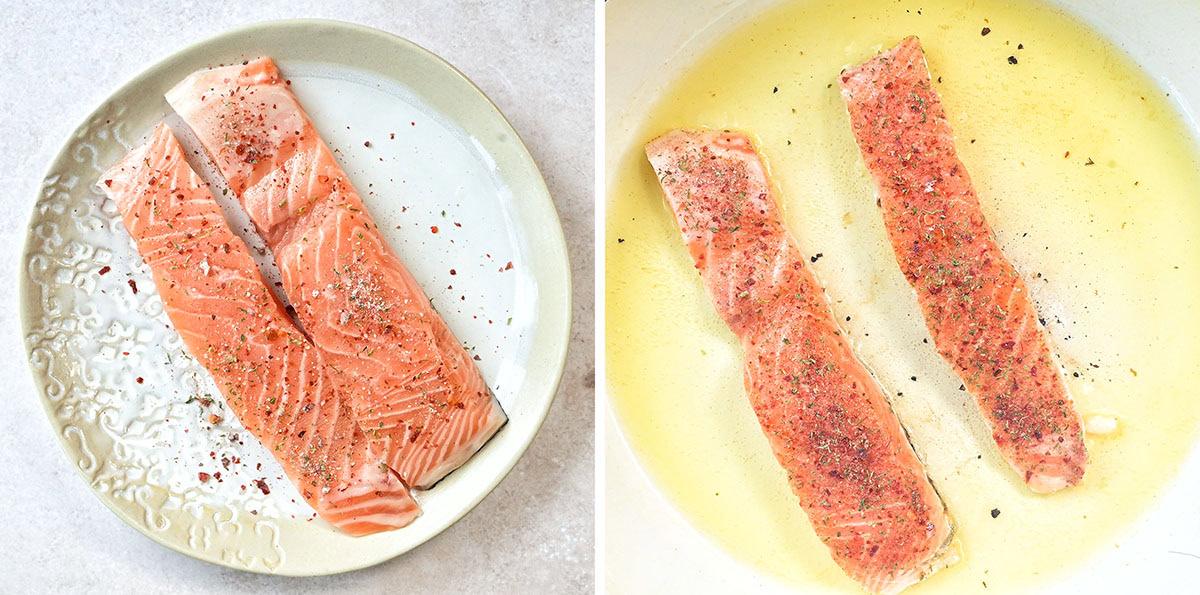 Left: Two raw salmon fillets on a plate, seasoned with pepper and herbs. Right: Two salmon fillets sizzling in a pan with seasoning and a light coating of oil.