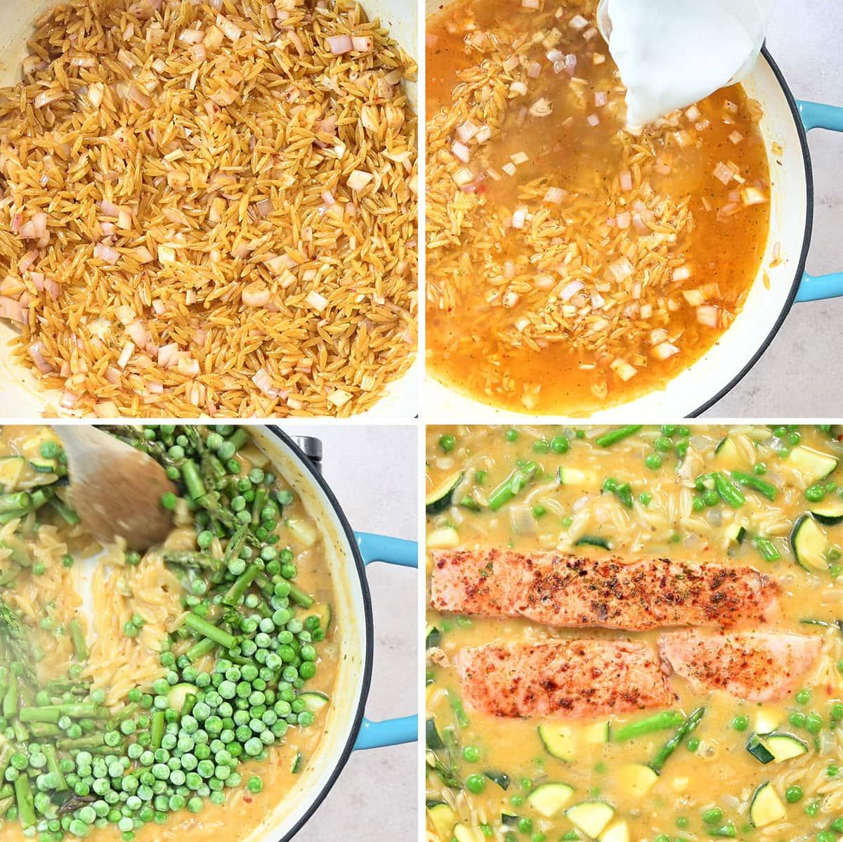 Four-panel image showing steps to cook a dish: 1) Orzo and onions in a pan. 2) coconut milk being poured into the pan. 3) Green peas and asparagus being stirred in. 4) Two salmon fillets on top of a creamy orzo mixture with vegetables.