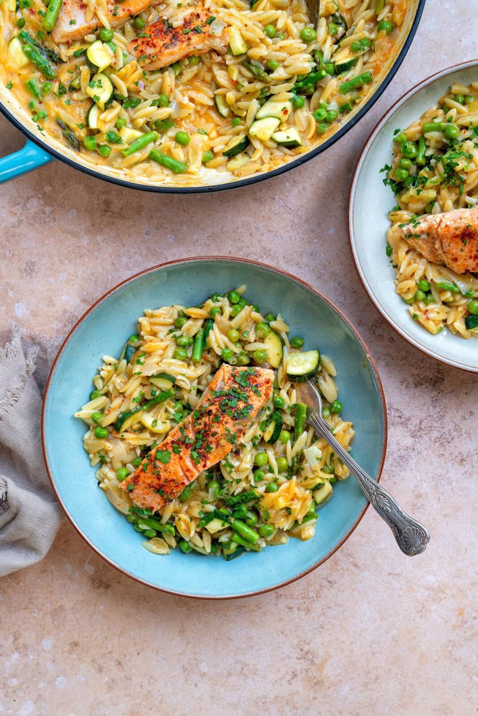One Pan Salmon Orzo