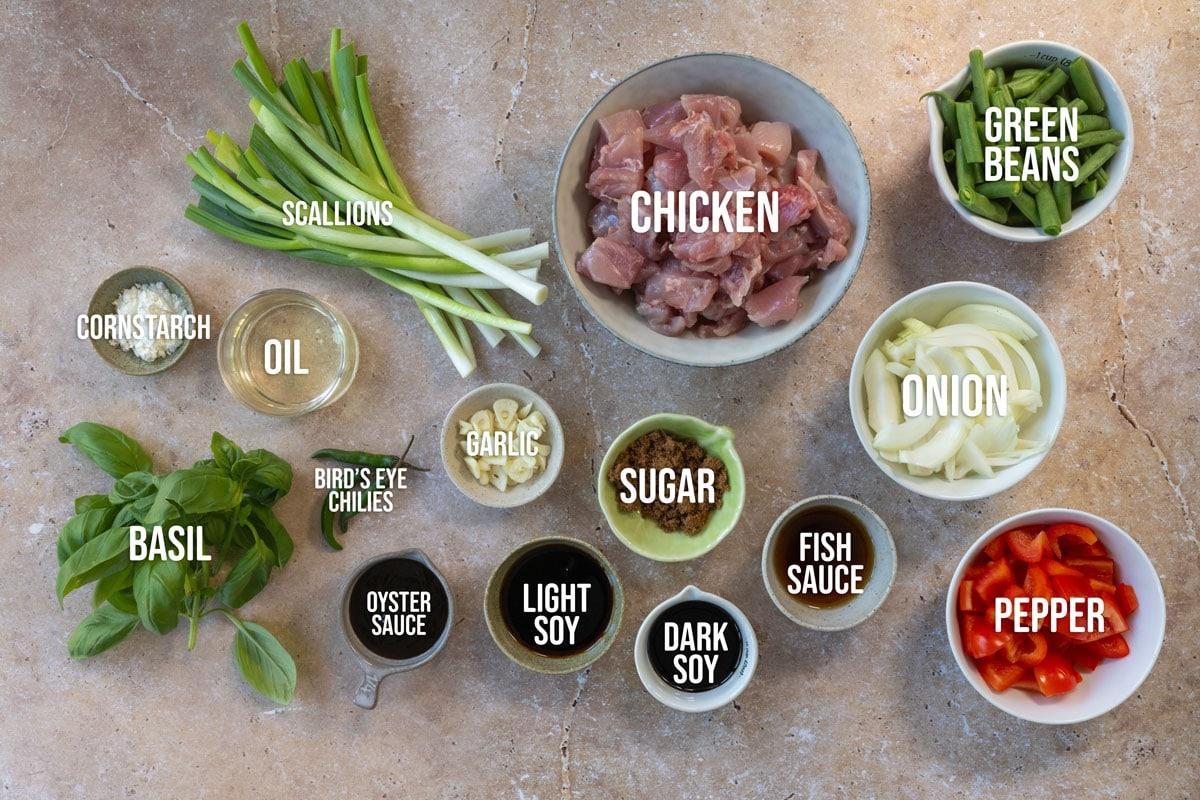 A variety of labeled ingredients for a Thai basil chicken stir-fry, including chicken, green beans, onion, pepper, scallions, basil, oil, garlic, sugar, cornstarch, bird’s eye chilies, fish sauce, light and dark soy, and oyster sauce.