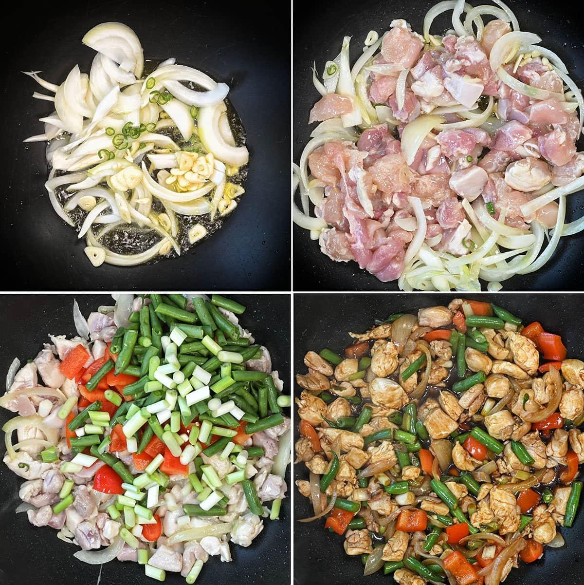 A four-step collage shows a stir-fry being cooked: 1) sliced onions, garlic, and chili in a pan; 2) adding raw chicken pieces; 3) adding chopped green beans and red bell peppers; 4) cooked chicken and vegetables in sauce.