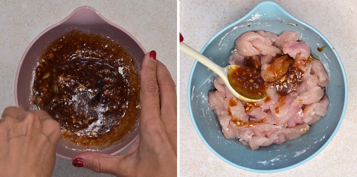 Split image: Left side shows hands mixing a brown sauce in a pink bowl. Right side shows the sauce being spooned over raw, sliced chicken in a blue bowl. Both bowls are on a light-colored surface.