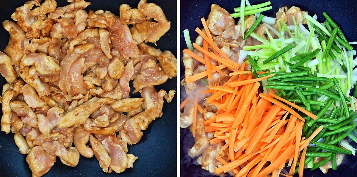 Side-by-side images: on the left, raw sliced chicken is being cooked in a pan; on the right, the chicken is topped with julienned carrots, green bell peppers, and green onions.