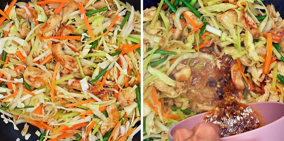 A split image: On the left, stir-fried vegetables and chicken in a pan; on the right, a hand pours a brown sauce over the same mixture of cabbage, carrots, chicken, and green beans.