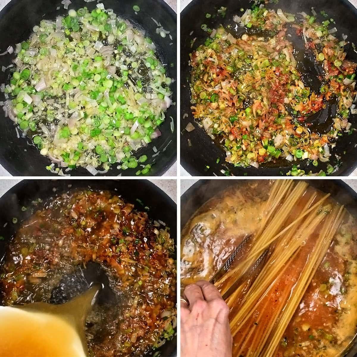 Four photos show steps of cooking crayfish pasta: sautéed spring onions and shallots in a pan; mixture with added tomatoes and herbs; pouring stock into the pan; and uncooked spaghetti being placed into the simmering liquid.