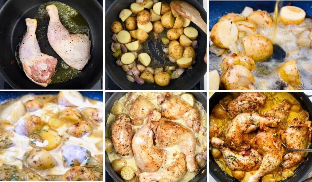 Six-step collage showing the preparation of a creamy chicken casserole with potatoes. Raw chicken is seasoned and seared, potatoes are added, liquid is poured in, and everything simmers in a creamy sauce until golden and cooked through.