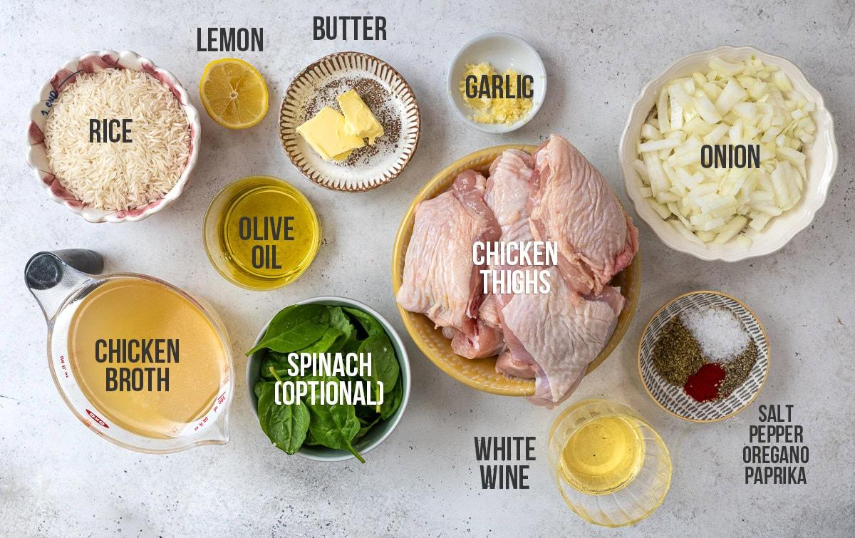 ingredients for Greek chicken and lemon rice with labels