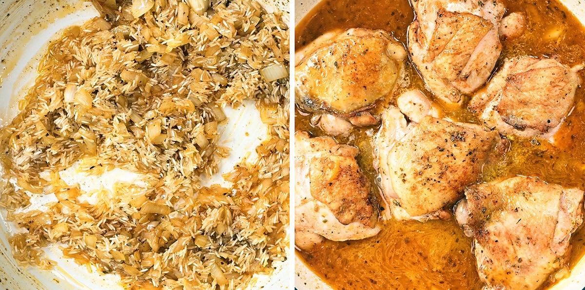 process shots showing rice cooking with onions and a skillet with chicken thighs in broth