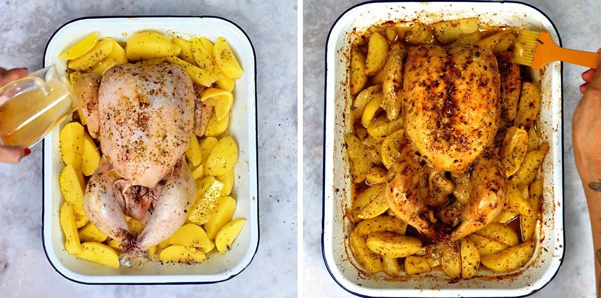Greek roast chicken and potatoes in the roasting pan, before and after roasting
