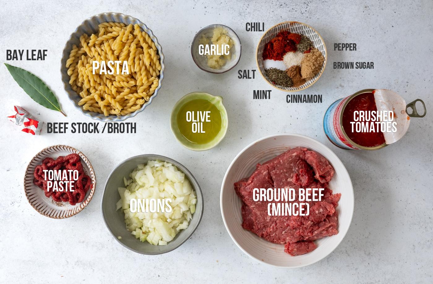 ingredients for one pot ground beef pasta with captions