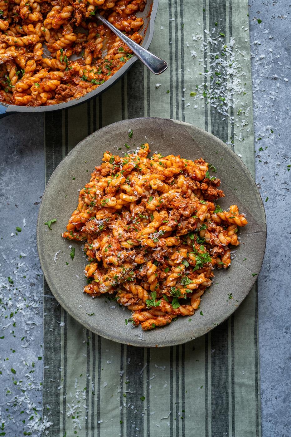 plate of pasta with meat sauce