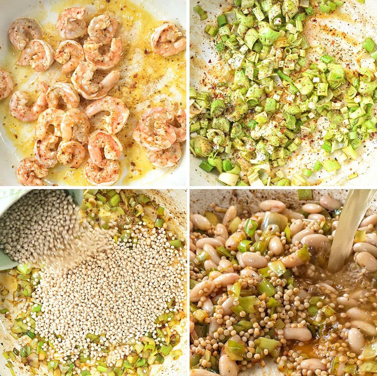 Four images show: 1) Cooked shrimp in a skillet. 2) Diced vegetables being sautéed. 3) Uncooked couscous being poured into the skillet with vegetables. 4) Broth added to couscous and white beans in the skillet.