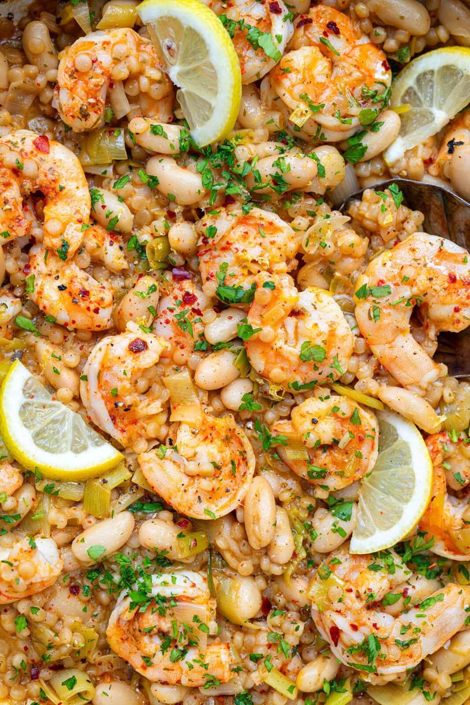 One Pot Lemon Shrimp and Beans with Pearl Couscous