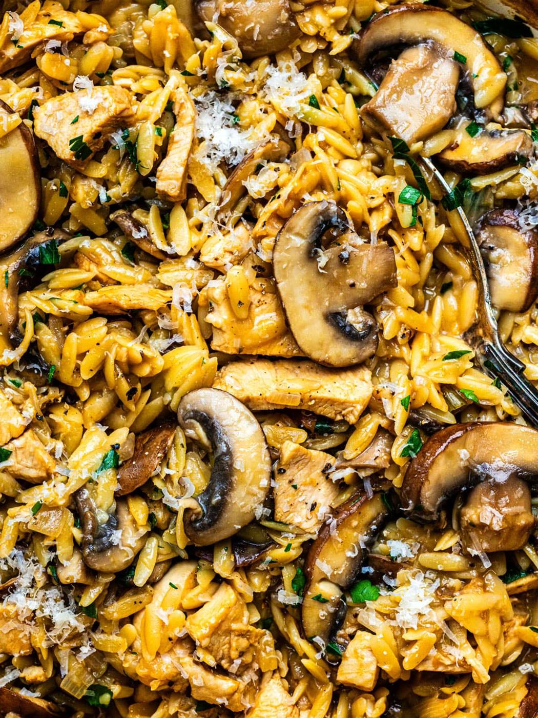 Close-up of one pot marsala orzo with sliced mushrooms, leftover turkey, fresh herbs, and grated cheese, all tossed in a creamy sauce.