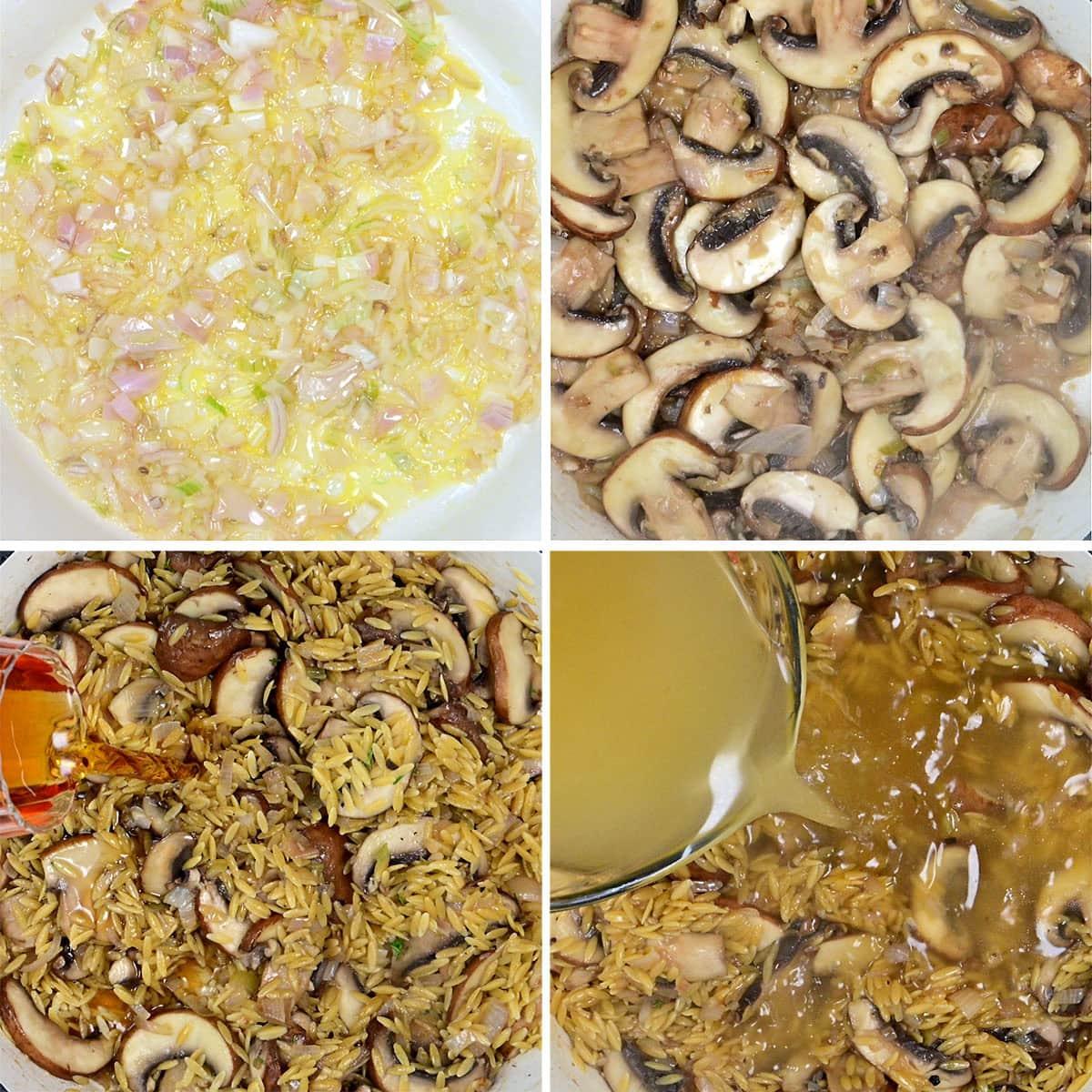 Four-step collage: Top left shows onions and shallots sautéing in a pan. Top right shows sliced mushrooms cooking. Bottom left shows orzo pasta and mushrooms with wine being added. Bottom right shows broth being poured into the mixture.