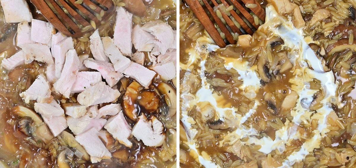 Side-by-side images show a wooden spoon stirring a pan of sliced cooked turkey, mushrooms, and sauce on the left, and the same mixture with added cream on the right, creating a creamier texture.