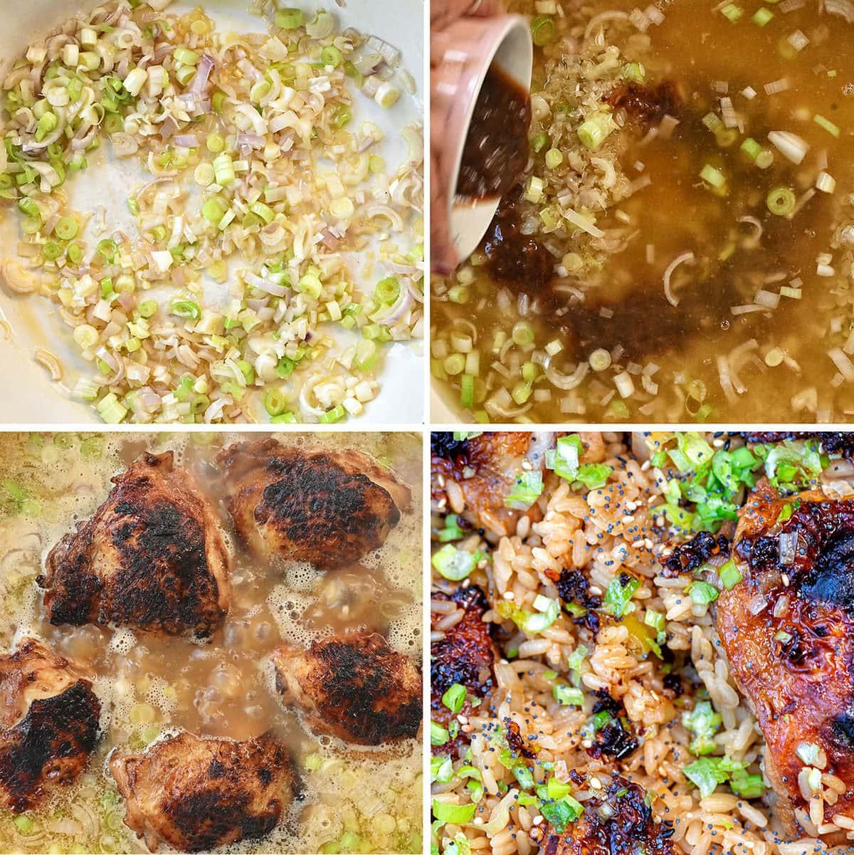 A four-panel collage shows: sautéed chopped onions and green onions, broth being poured into the pan, browned chicken pieces simmering in liquid, and a close-up of cooked rice topped with chicken and green onions.