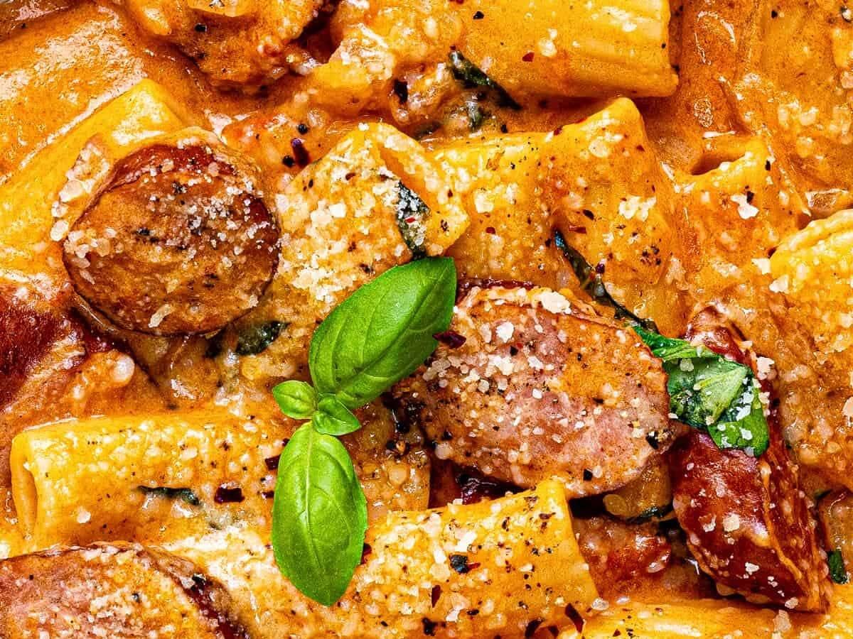 extreme close up on kielbasa pasta